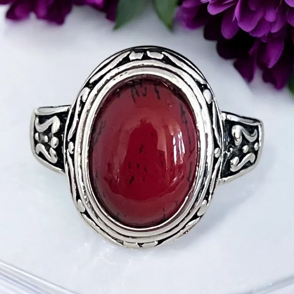 New Premier Designs Ring  Antiqued Silver Tone Red Cabochon Size 8 - 9M